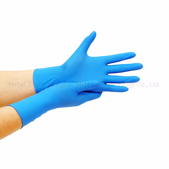 Blaue Einweg-Nitrilhandschuhe. Puderfreie industrielle blaue Nitrilhandschuhe